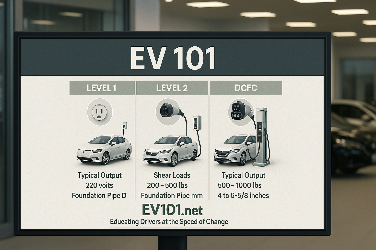 EV Charging Levels Display - Level 1, Level 2, DCFC